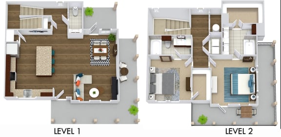 Perkins + yard. 2 bedroom townhome. Kitchen with island open to living/dinning room. 2 full bathrooms + powder room, double vanity in master. Walk-in closets. patio open to yard. 2nd floor balcony.