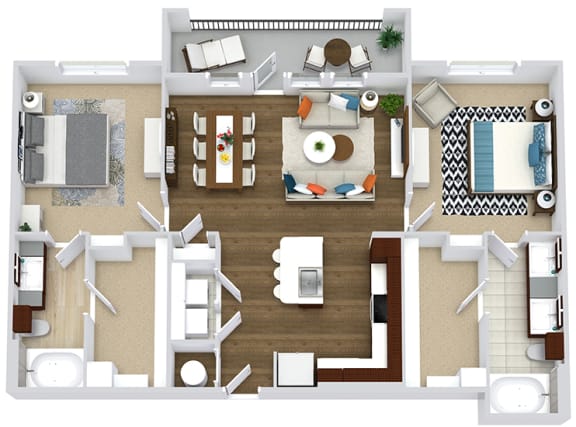 The Renfro. 2 bedroom apartment. Kitchen with island open to living/dinning room. 2 full bathrooms, double vanity in master. Walk-in closets. Patio/balcony.