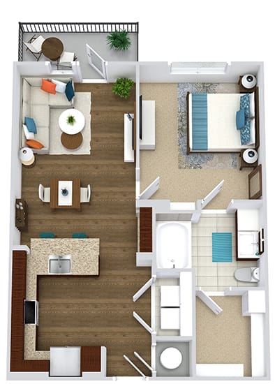 The Smith. 1 bedroom apartment. Kitchen with bartop open to living/dinning room. 1 full bathroom. Walk-in closet. Patio/balcony.