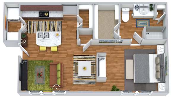 A top-down view of a well-furnished apartment.