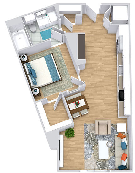 a floor plan with a bedroom, bathroom, kitchen, dining space, and living area