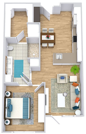 a floor plan with a bedroom, bathroom, kitchen, and living area