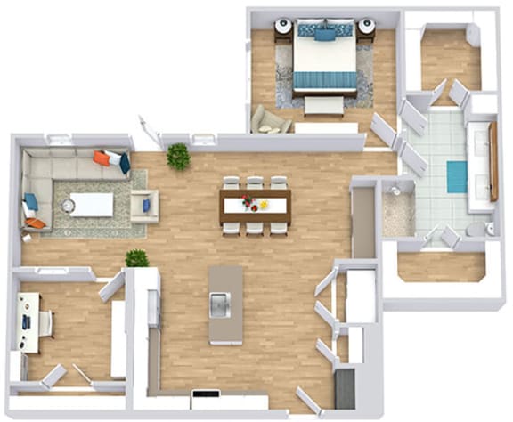 a floor plan with a bedroom, study, kitchen with an island, dining area, and a living room