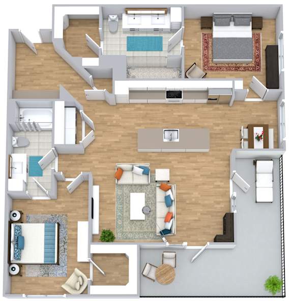 A 3D floor plan of a house with multiple rooms and furniture.