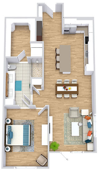 a floor plan with a bedroom, bathroom, kitchen with an island, and a living area