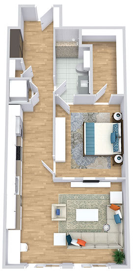 a floor plan with a bedroom, bathroom, kitchen, and living area