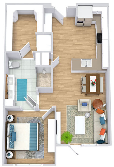 a floorplan with a bedroom, bathroom, kitchen with an "L" shaped counter, small dining space, and living area