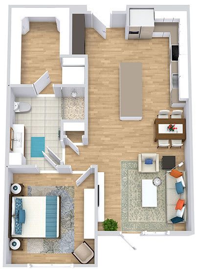 a floor plan with a bedroom, bathroom, kitchen with an island, small dining space, and living area