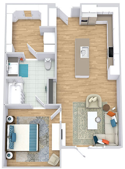 a floor plan with a bedroom, bathroom, kitchen with an island, and living area