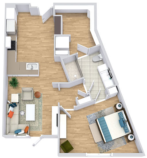 a floor plan with a bedroom, bathroom, kitchen with an "L" shaped counter, and living area