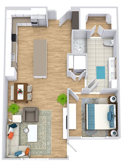 a floor plan with a bedroom, bathroom, kitchen with an island, dining space,  and living area