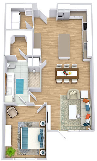 a floor plan with a bedroom, bathroom, kitchen with an island, dining space, and a living room