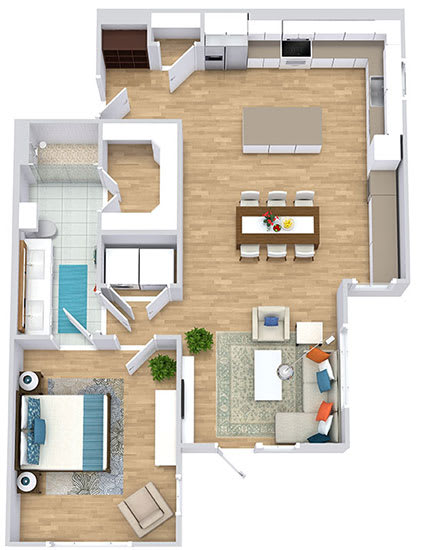 a floor plan with a bedroom, bathroom, kitchen with an island, dining space, and a bathroom