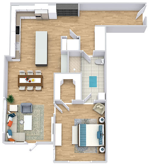 a floor plan of with a bedroom, bathroom, kitchen with an island, dining space, and a living room