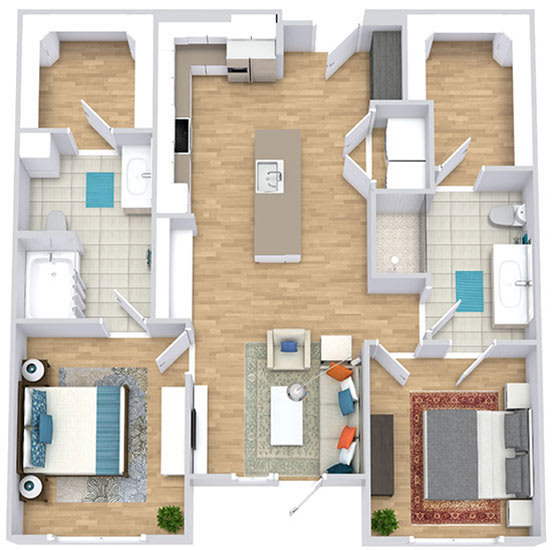 a floor plan with two bedrooms,  two bathrooms, a kitchen with an island, and a living room