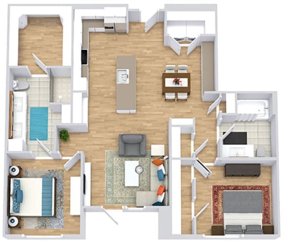 a floor plan with two bedrooms,  two bathrooms, a kitchen with an island, and a living room
