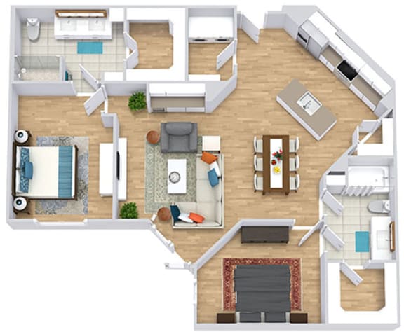 a floor plan with two bedrooms,  two bathrooms, a kitchen with an island, and a living room