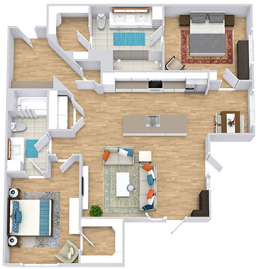 a floor plan with two bedrooms,  two bathrooms, a kitchen with an island, and a living room