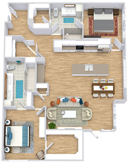 a floor plan with two bedrooms,  two bathrooms, a kitchen with an island, and a living room