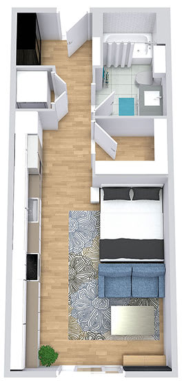 a floor plan of a studio apartment with a kitchen, bed, and bathroom