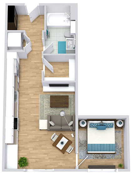 a floor plan with a bedroom, bathroom, kitchen, and living area