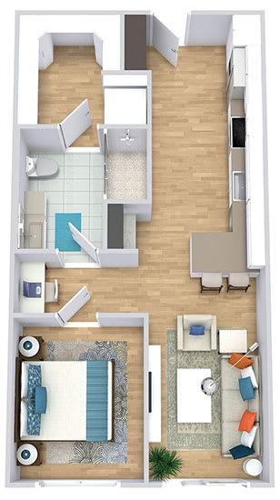 a floor plan of with a bedroom, bathroom, kitchen with an "L" shaped counter with seating, and living area