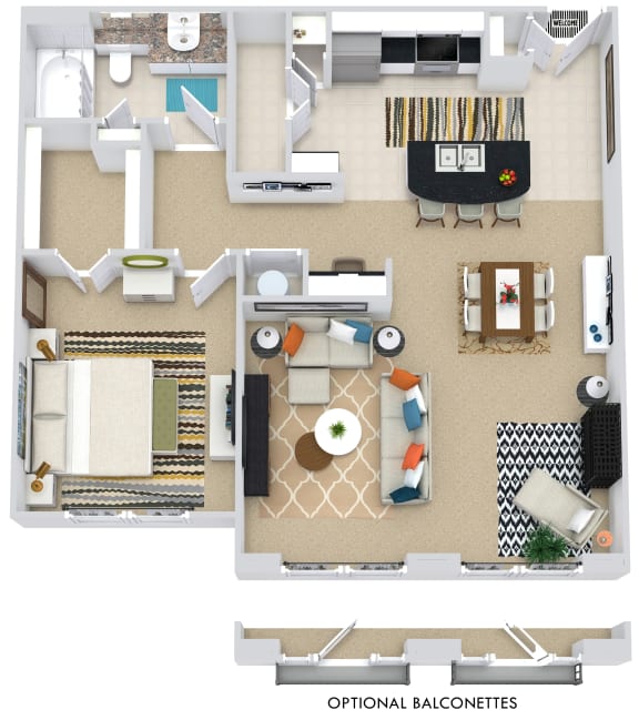 The Barcelona 3D. 1 bedroom apartment. Kitchen with bartop open to living/dining rooms. 1 full bathroom. Walk-in closet. Optional balconettes.