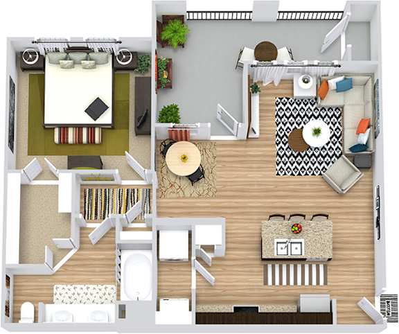 A 3D floor plan of a house showing the layout of the rooms.