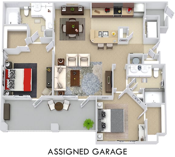 Barcelona with Assigned garage 3D. 2 bedroom apartment. Kitchen with bartop open to living room. 2 full bathrooms, double vanities. Walk-in closets. Patio/balcony. External storage.