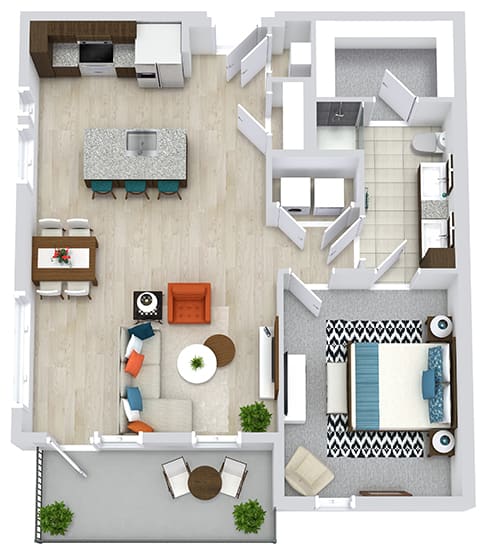 1 bedroom floorplan with kitchen and island sink/dw. full size washer dryer. Living/dining area. Double sink vanity with standalone shower. Walk-in closet.