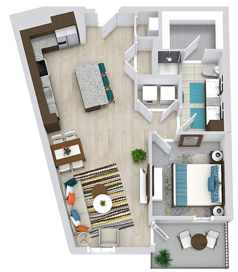1 bedroom floorplan with L-shaped kitchen with island and pantry. Living/dining area. Full size w/d. Bathroom with double sink vanity and standalone shower. Walk-in closet