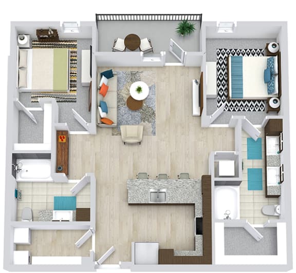 2 bedroom 2 bath floorplan with u-shaped kitchen with peninsula sink/dw. overlooking the living/dining area. bedrooms on opposite sides. primary bath with double sink vanity. walk-in closets. full size w/d.