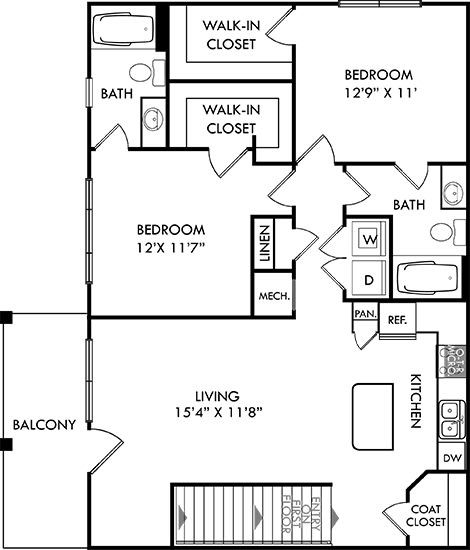 The Lovett. 2 bedroom apartment. 1st floor entry. Kitchen with island open to living/dinning rooms. 2 full bathrooms. Walk-in closets. Patio/balcony.