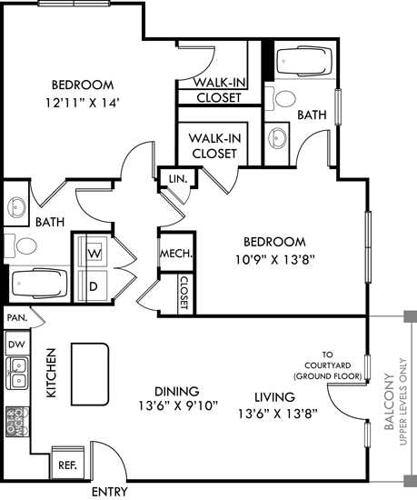 A floor plan of a home with two bedrooms, a living room, a dining room, a kitchen, a bathroom, a walk-in closet, and an entry.