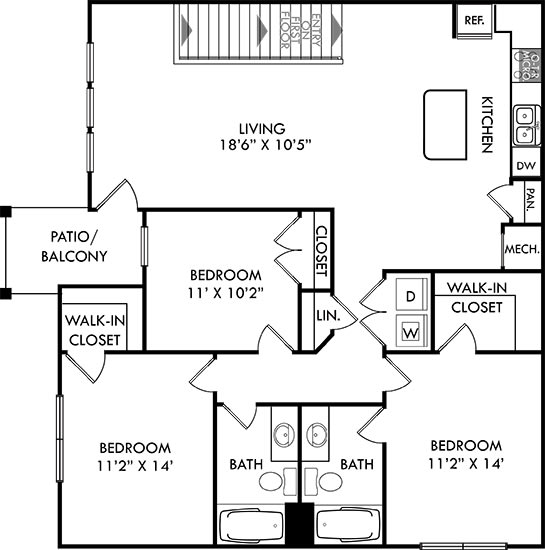 The McClinton. 3 bedroom apartment. 1st floor entry. Kitchen with island open to living/dinning rooms. 2 full bathrooms. Walk-in closets. Patio/balcony.