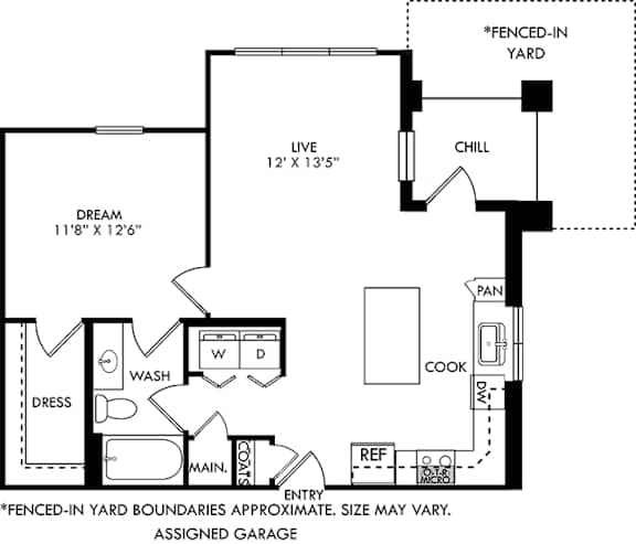 A floor plan of a house with a fenced-in yard.