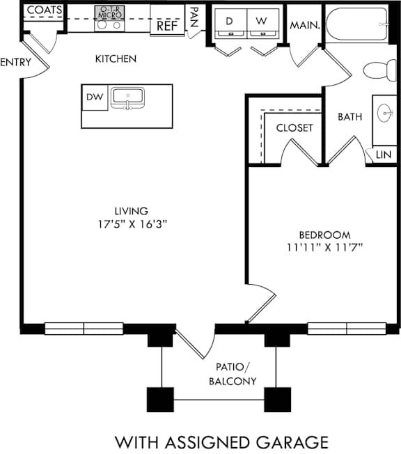 A floor plan of a house with an assigned garage.