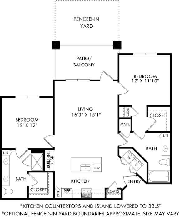 A floor plan of a house with a living room, two bedrooms, a bathroom, a kitchen, and a patio.