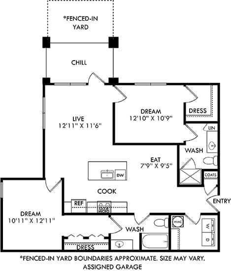 A floor plan of a house with a fenced-in yard.