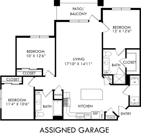 A floor plan of an Assigned Garage with three bedrooms, a living room, a kitchen, and a bathroom.