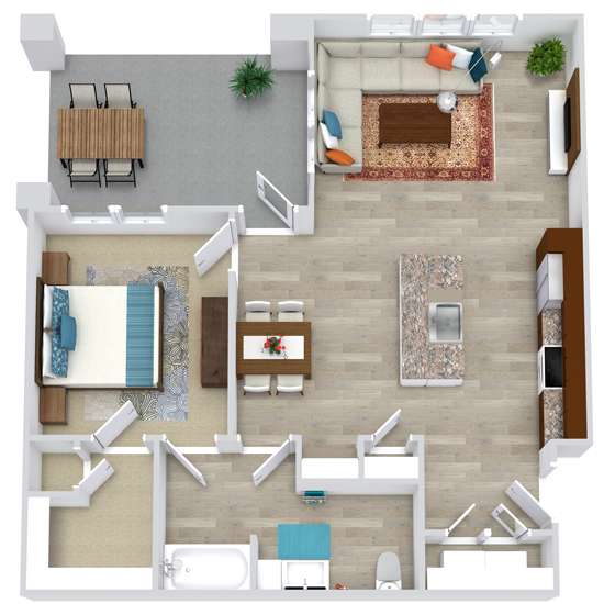 A top-down view of a living room with a couch, chairs, and a rug.