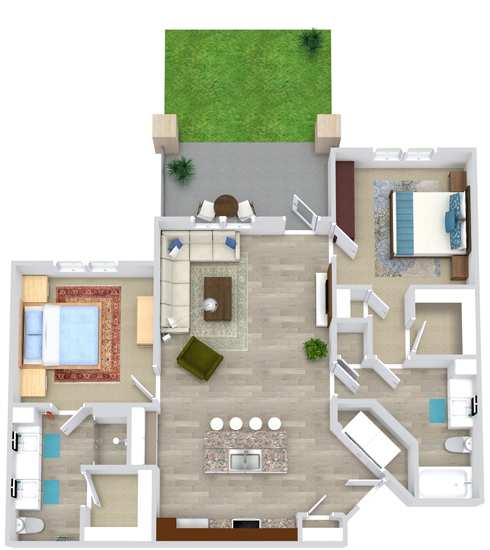 A floor plan of a house with a living room, dining room, kitchen, and two bedrooms.