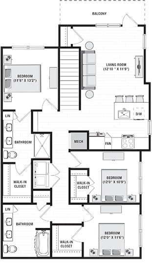 3 bedroom 2nd floor apartment. stairwell entrance opens into kitchen with peninsula island overlooks living area. front bedroom is master with private bath with dual sink vanity, standalone shower and walk-in closet. hallway off of kitchen leads to full size washer/dryer closet. and  2 other bedrooms with walk-in closets. 2nd shared bath with linen closet. Large balcony off of living room