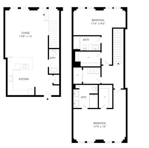 A floor plan of a house with two bedrooms, a living room, a kitchen, and two bathrooms.