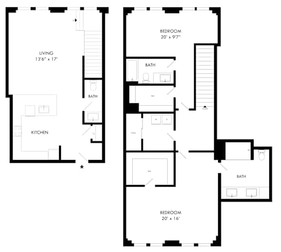 A floor plan of a house with two bedrooms, a living room, a kitchen, and two bathrooms.