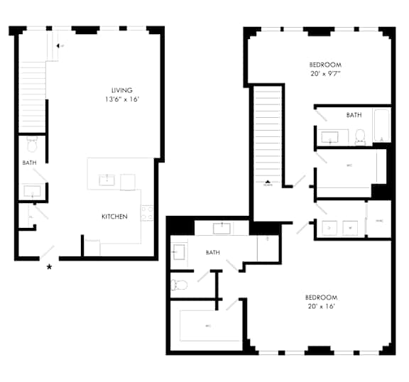 A floor plan of a house with two bedrooms, a living room, a kitchen, and two bathrooms.