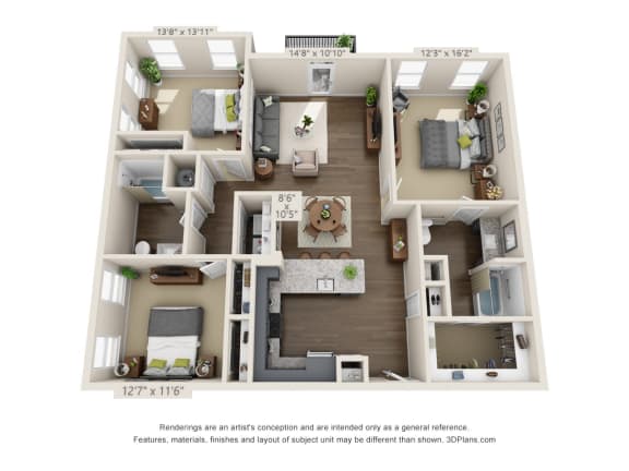 The Turner 3D. 3 bedroom apartment. Kitchen with bartop open to living/dinning room. 2 full bathrooms. Walk-in closets. Patio.