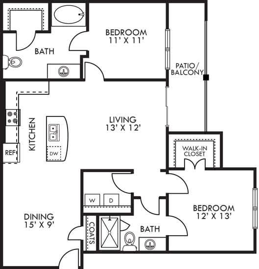 A black and white image of a house floor plan with a living area, kitchen, dining area, and two bedrooms.