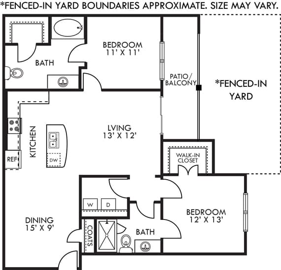 A floor plan of a house with a living room, dining room, kitchen, and two bedrooms.