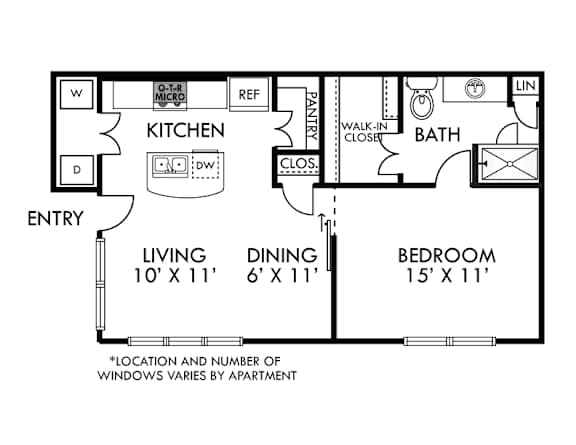 A floor plan of an apartment with a living room, dining room, kitchen, and bedroom.